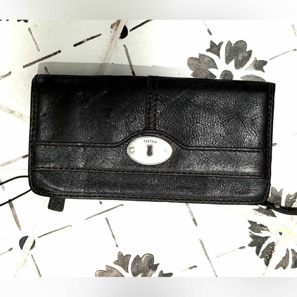 New NWD Fossil Maddox Black Leather Zip Clutch Wallet